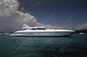 Mangusta yacht at anchor between Lerins islands